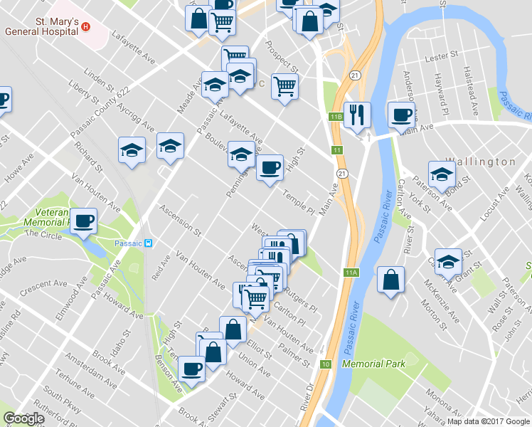 map of restaurants, bars, coffee shops, grocery stores, and more near 135 Aycrigg Avenue in Passaic