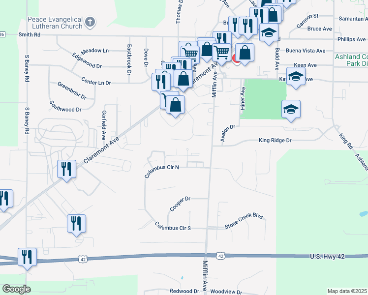 map of restaurants, bars, coffee shops, grocery stores, and more near 1715 Richard Drive in Ashland