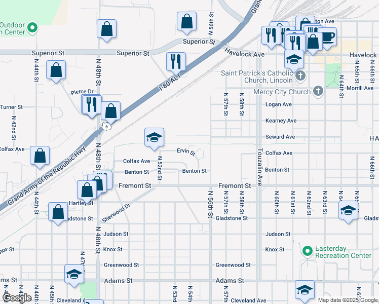map of restaurants, bars, coffee shops, grocery stores, and more near 5320 Ervin Street in Lincoln