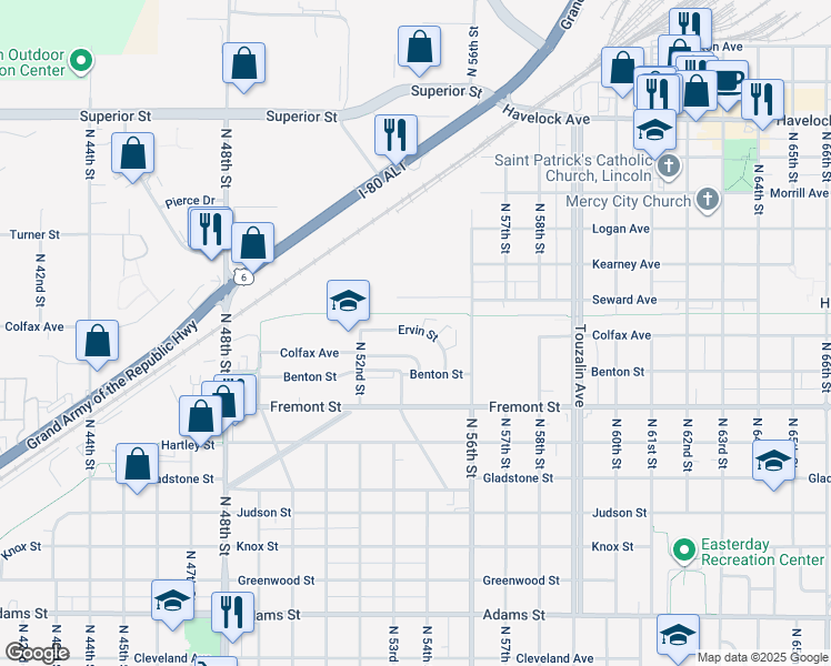 map of restaurants, bars, coffee shops, grocery stores, and more near 5320 Ervin Street in Lincoln
