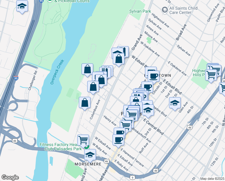 map of restaurants, bars, coffee shops, grocery stores, and more near 312 New Jersey 93 in Palisades Park