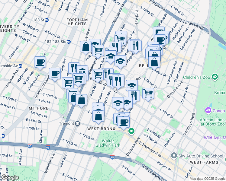 map of restaurants, bars, coffee shops, grocery stores, and more near 510 East 180th Street in The Bronx
