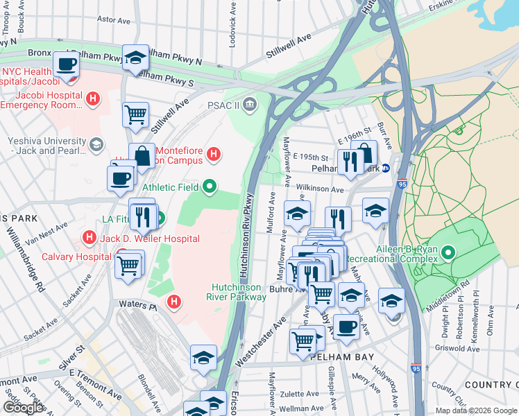map of restaurants, bars, coffee shops, grocery stores, and more near 1926 Hutchinson River Parkway East in Bronx