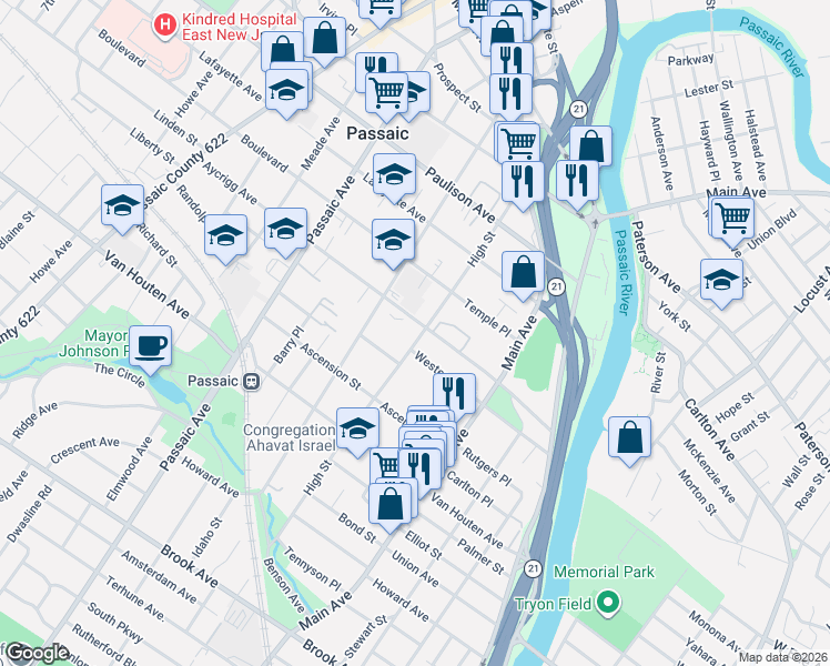 map of restaurants, bars, coffee shops, grocery stores, and more near 135 Aycrigg Avenue in Passaic