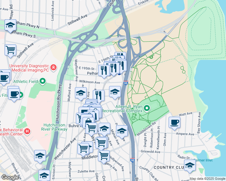 map of restaurants, bars, coffee shops, grocery stores, and more near 3134 Sands Place in The Bronx