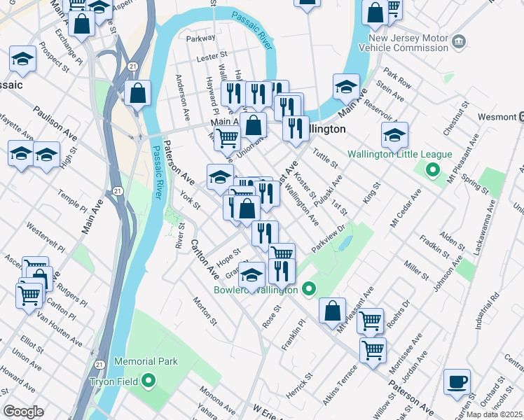 map of restaurants, bars, coffee shops, grocery stores, and more near 41 Locust Avenue in Wallington