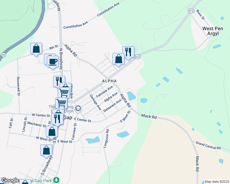 map of restaurants, bars, coffee shops, grocery stores, and more near 328 Alpha Avenue in Wind Gap
