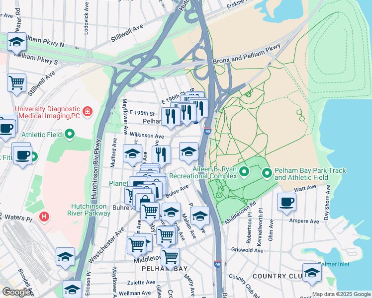 map of restaurants, bars, coffee shops, grocery stores, and more near 3134 Sands Place in The Bronx