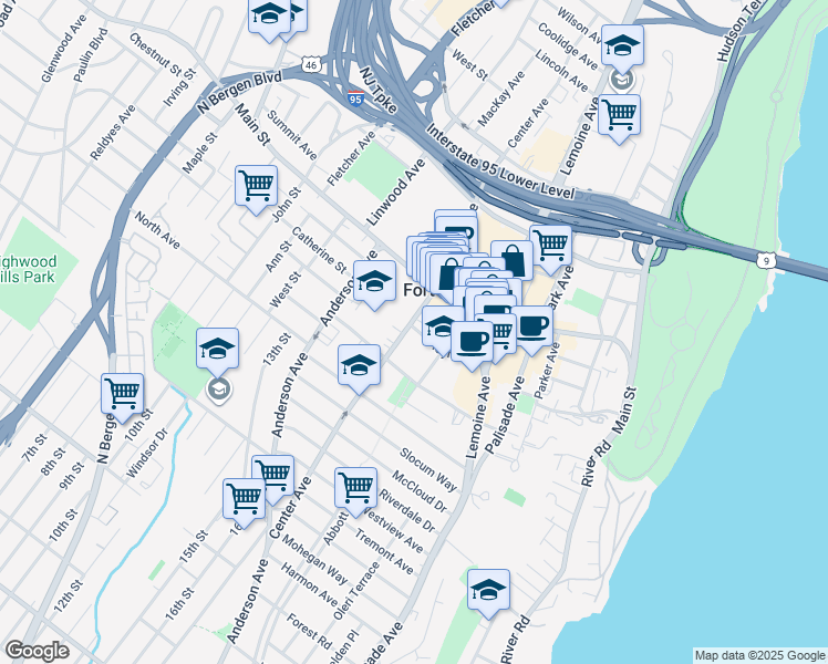 map of restaurants, bars, coffee shops, grocery stores, and more near 1614 Center Avenue in Fort Lee