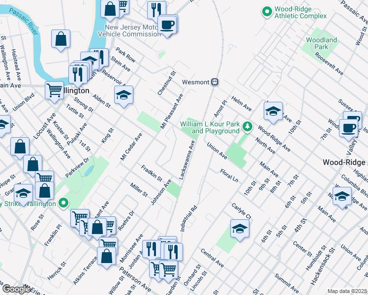 map of restaurants, bars, coffee shops, grocery stores, and more near 83 Lackawanna Avenue in Wallington