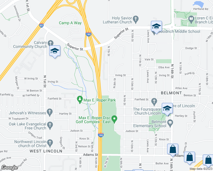 map of restaurants, bars, coffee shops, grocery stores, and more near 3943 North 7th Street in Lincoln