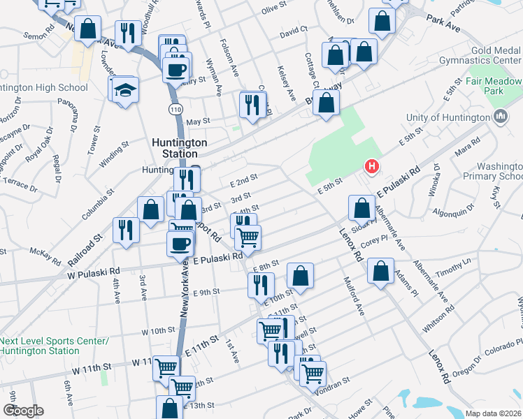 map of restaurants, bars, coffee shops, grocery stores, and more near 28 East 4th Street in Huntington Station