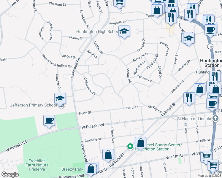 map of restaurants, bars, coffee shops, grocery stores, and more near 80 Hillwood Drive in Huntington Station