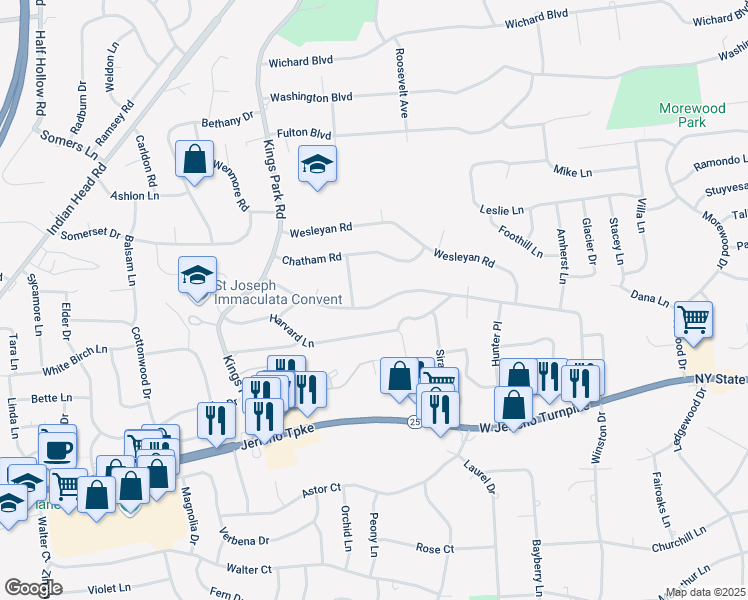 map of restaurants, bars, coffee shops, grocery stores, and more near 127 Cornell Drive in Commack