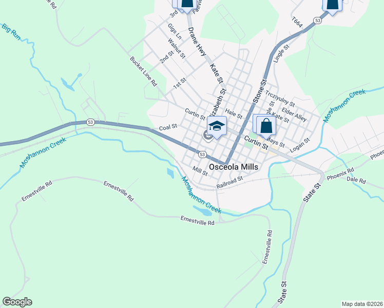 map of restaurants, bars, coffee shops, grocery stores, and more near Spring Street in Osceola Mills