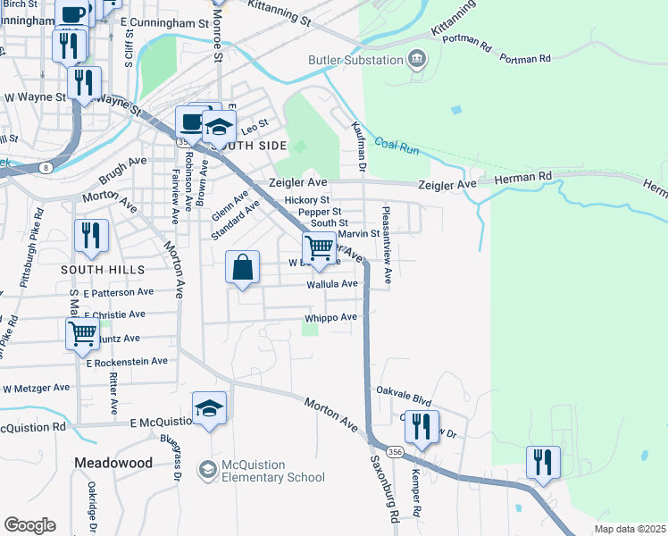 map of restaurants, bars, coffee shops, grocery stores, and more near 111 West Boyd Avenue in Butler