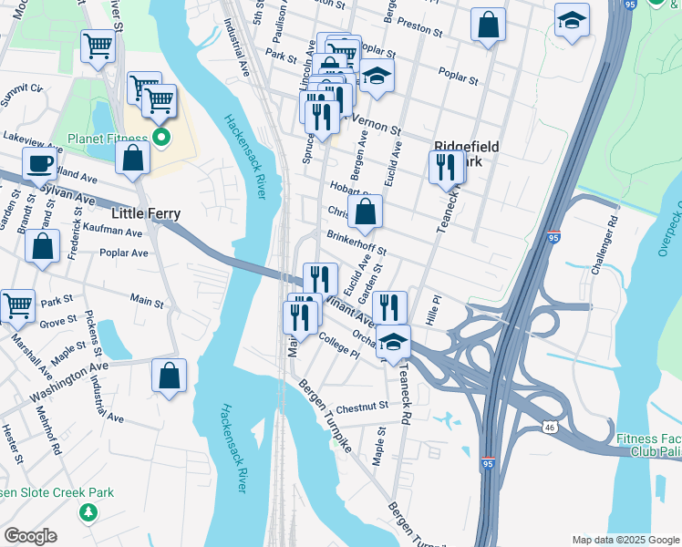 map of restaurants, bars, coffee shops, grocery stores, and more near 103 Ridgefield Avenue in Ridgefield Park