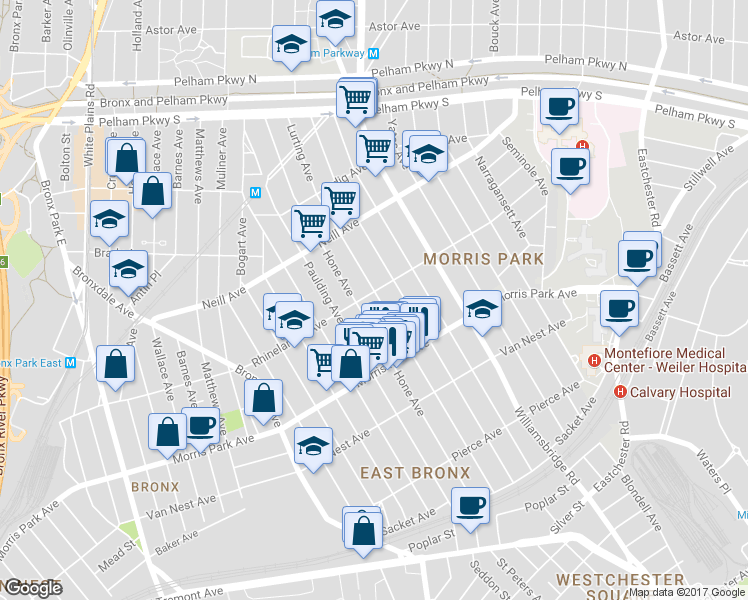 map of restaurants, bars, coffee shops, grocery stores, and more near 1068 Rhinelander Avenue in Bronx
