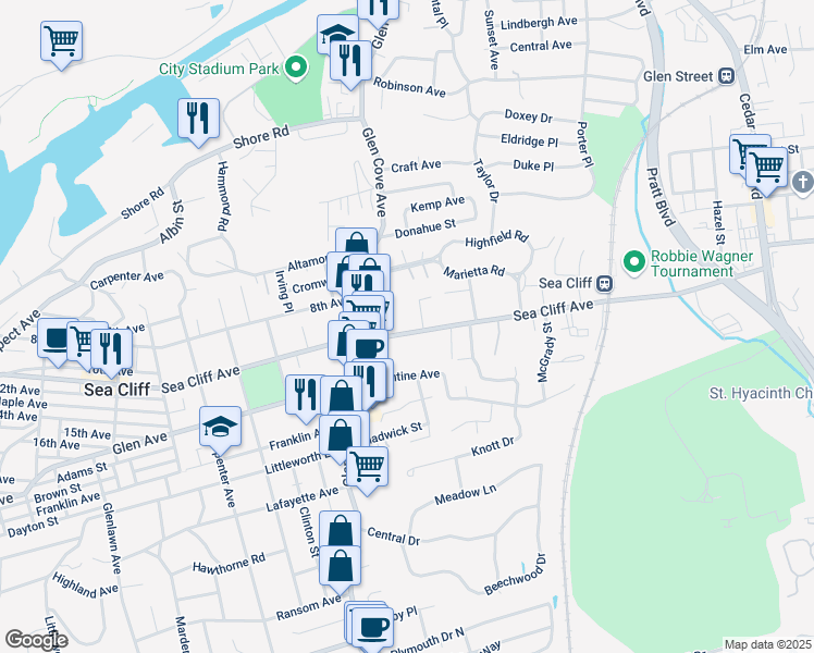 map of restaurants, bars, coffee shops, grocery stores, and more near 152 Sea Cliff Avenue in Glen Cove