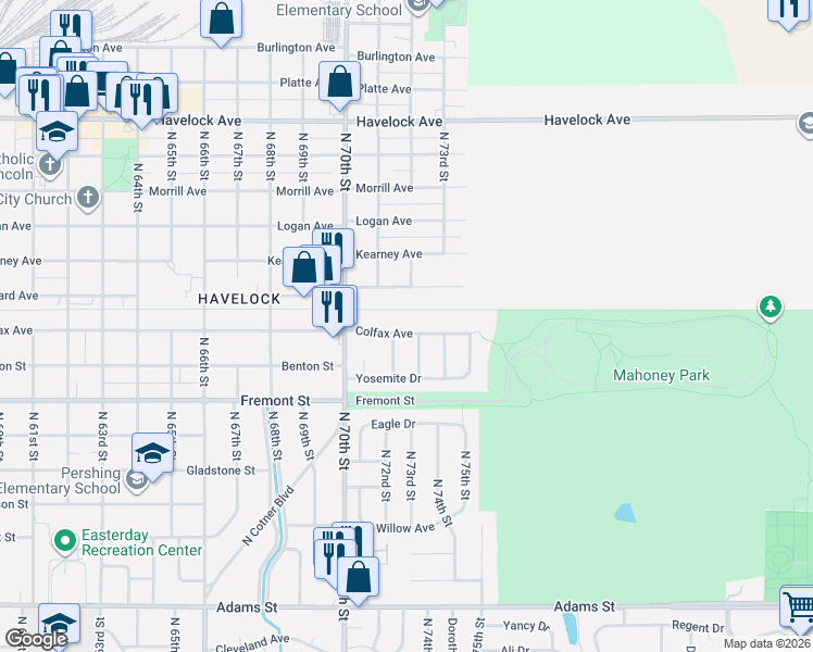 map of restaurants, bars, coffee shops, grocery stores, and more near 7132 Colfax Avenue in Lincoln