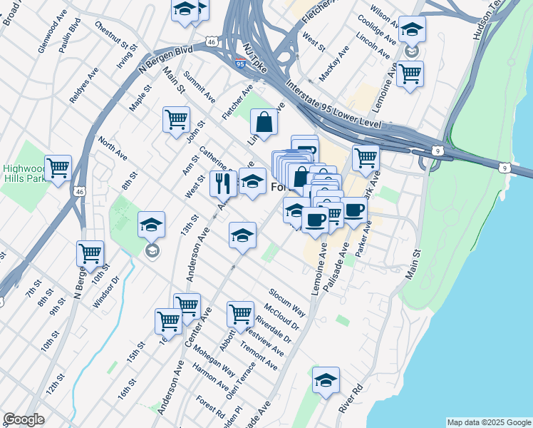 map of restaurants, bars, coffee shops, grocery stores, and more near 1605 Center Avenue in Fort Lee