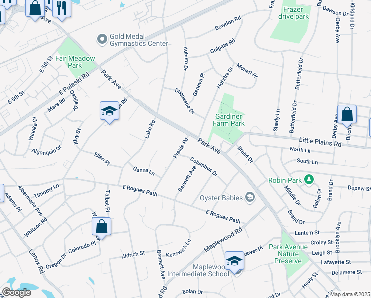 map of restaurants, bars, coffee shops, grocery stores, and more near 24 Prairie Road in Huntington Station