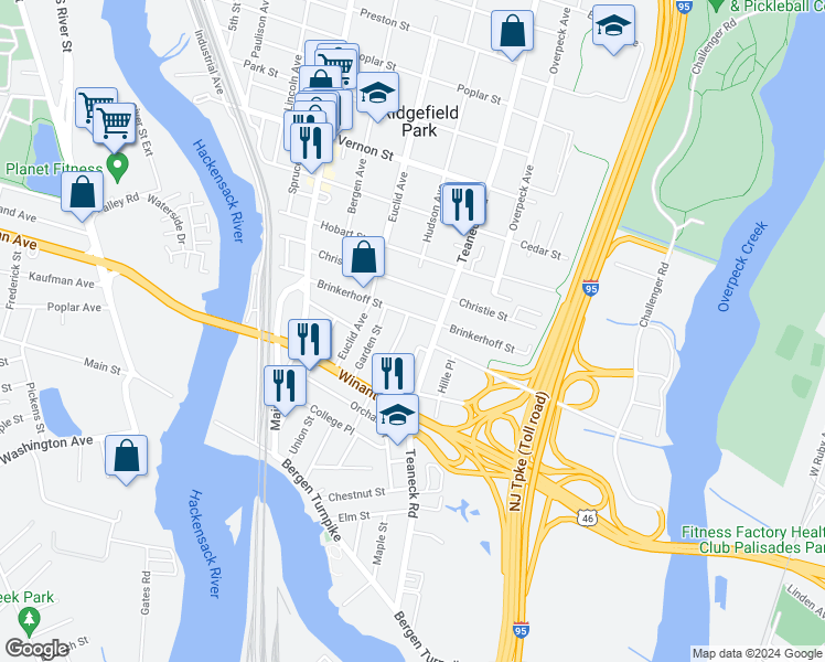 map of restaurants, bars, coffee shops, grocery stores, and more near 115 Laurel Street in Ridgefield Park