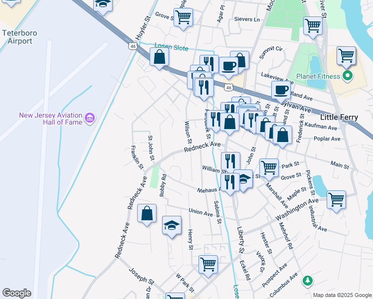 map of restaurants, bars, coffee shops, grocery stores, and more near 76 Redneck Avenue in Little Ferry