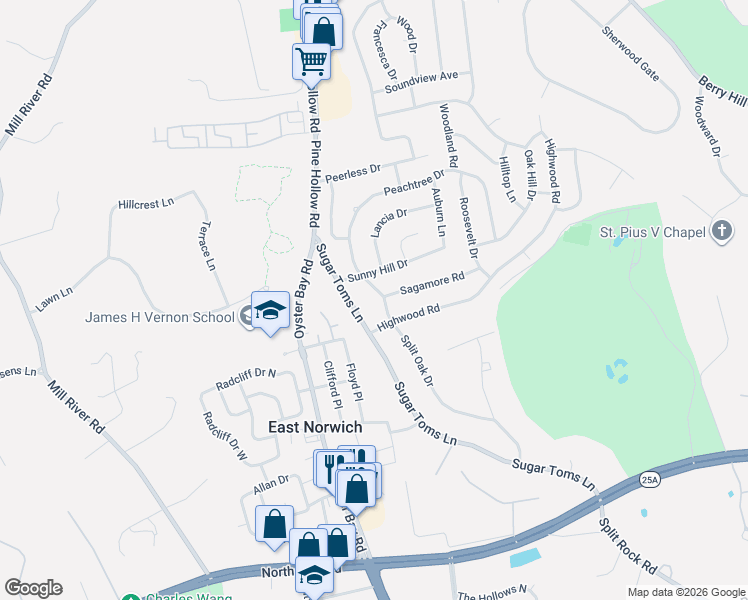 map of restaurants, bars, coffee shops, grocery stores, and more near 17 Sugar Toms Lane in East Norwich