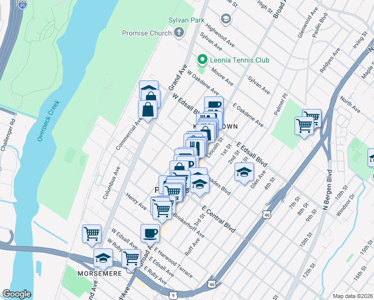 map of restaurants, bars, coffee shops, grocery stores, and more near 17A West Washington Place in Palisades Park