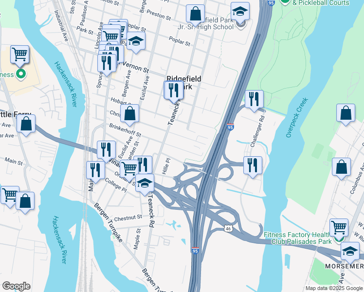 map of restaurants, bars, coffee shops, grocery stores, and more near 186 Brinkerhoff St in Ridgefield Park