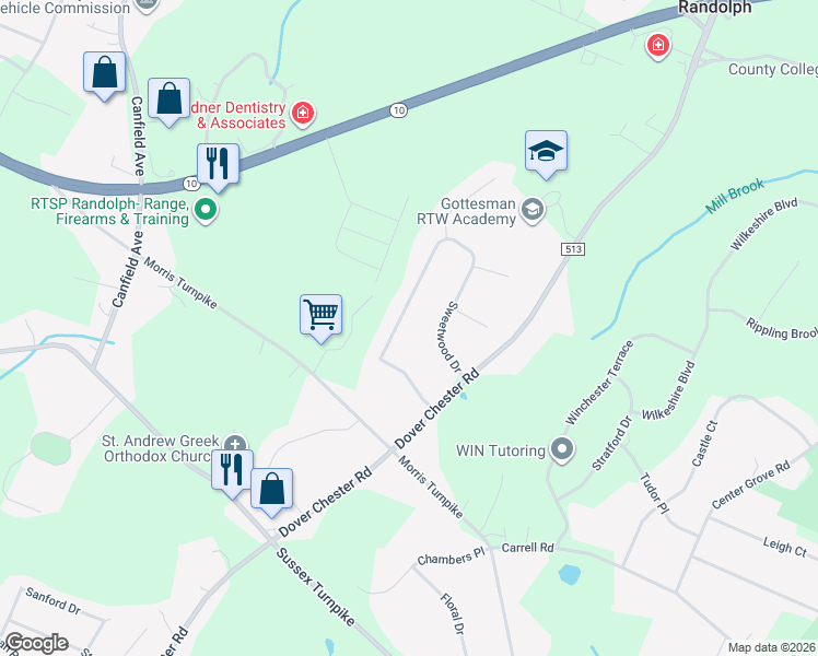 map of restaurants, bars, coffee shops, grocery stores, and more near 25 Sweetwood Drive in Randolph
