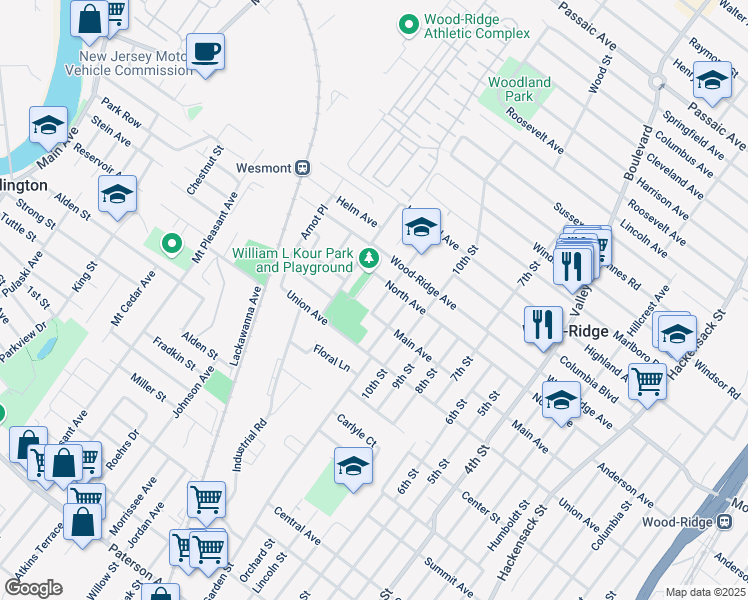 map of restaurants, bars, coffee shops, grocery stores, and more near 139 12th Street in Wood-Ridge