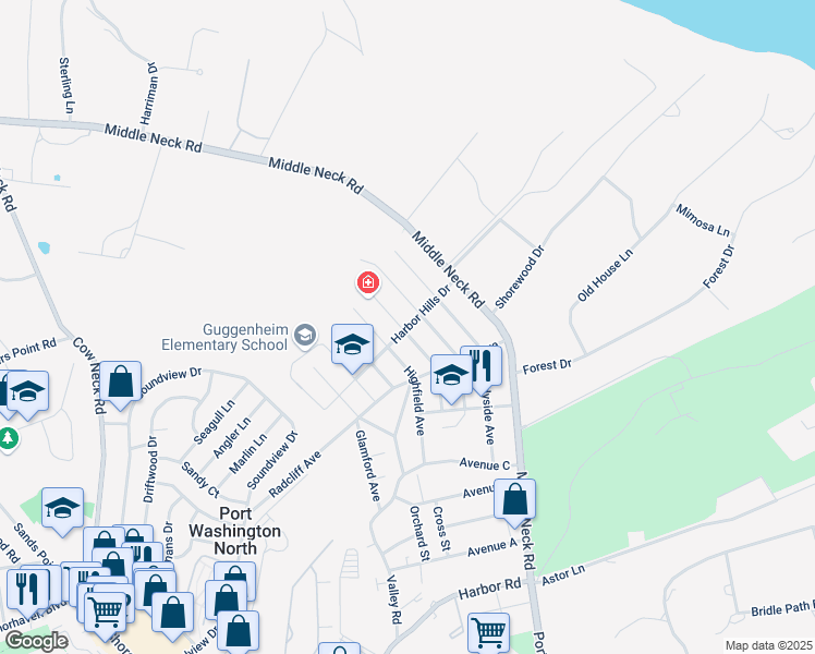 map of restaurants, bars, coffee shops, grocery stores, and more near 31 Harbor Hills Drive in Port Washington