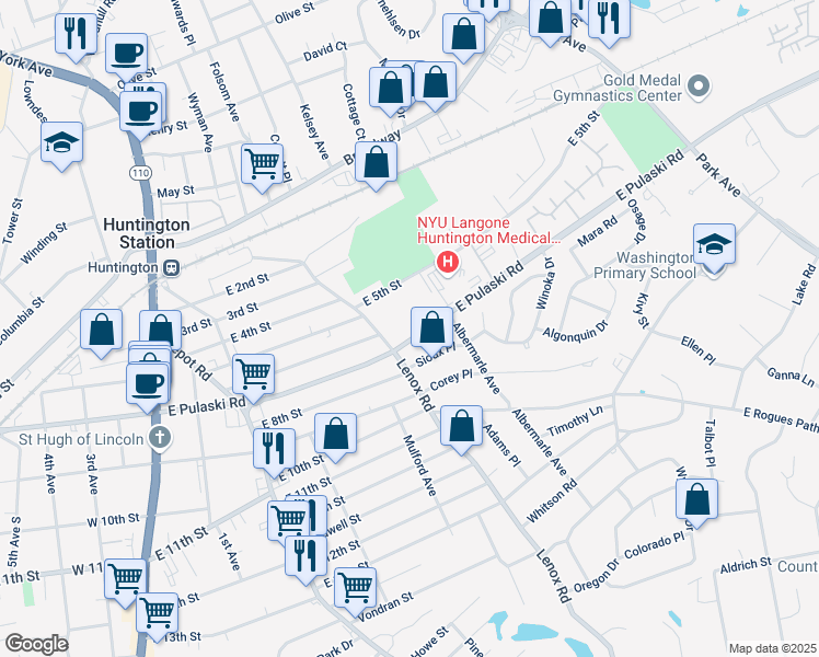 map of restaurants, bars, coffee shops, grocery stores, and more near 158 East Pulaski Road in Huntington Station