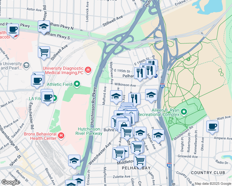 map of restaurants, bars, coffee shops, grocery stores, and more near in The Bronx