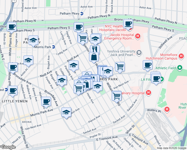 map of restaurants, bars, coffee shops, grocery stores, and more near 1854 Haight Avenue in Bronx