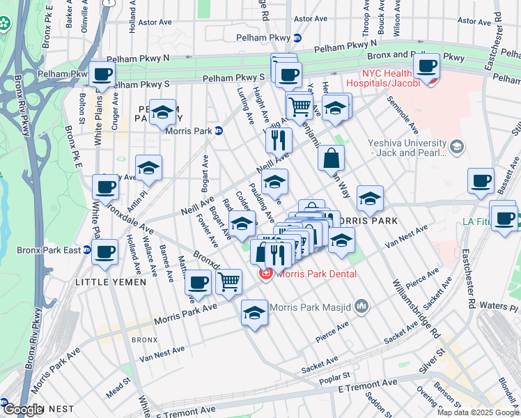 map of restaurants, bars, coffee shops, grocery stores, and more near in The Bronx
