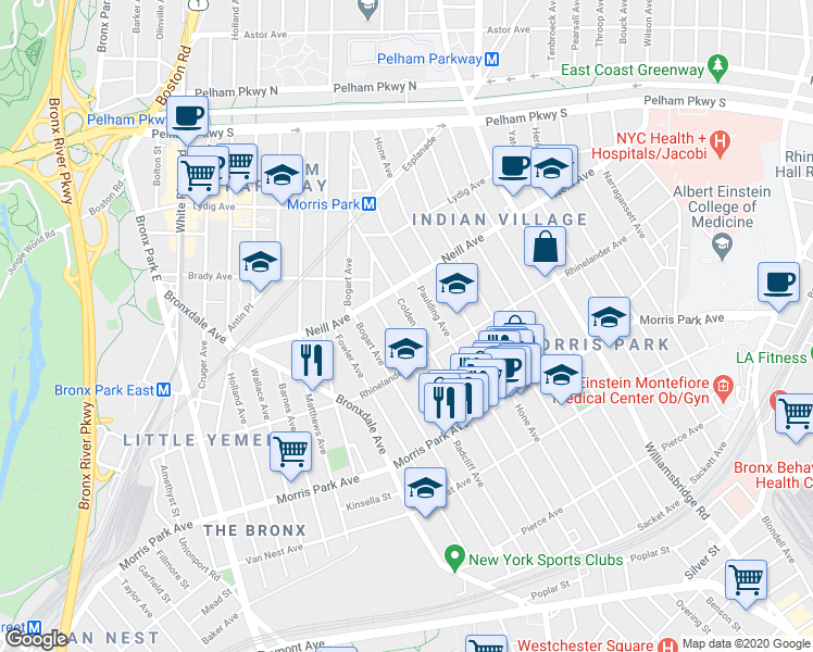 map of restaurants, bars, coffee shops, grocery stores, and more near 1938 Colden Avenue in Bronx