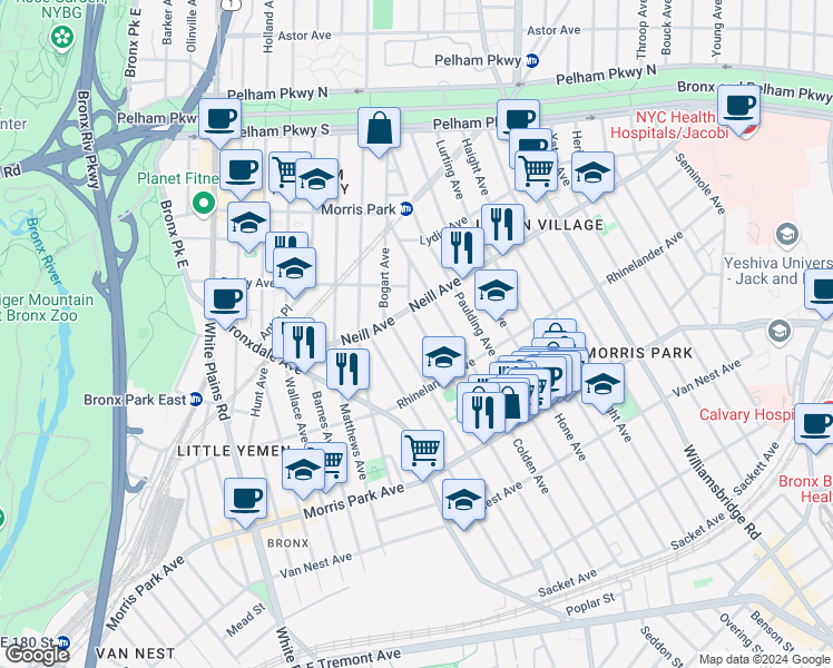 map of restaurants, bars, coffee shops, grocery stores, and more near 1951 Radcliff Avenue in The Bronx