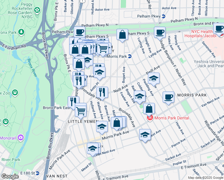 map of restaurants, bars, coffee shops, grocery stores, and more near 2004 Matthews Avenue in Bronx