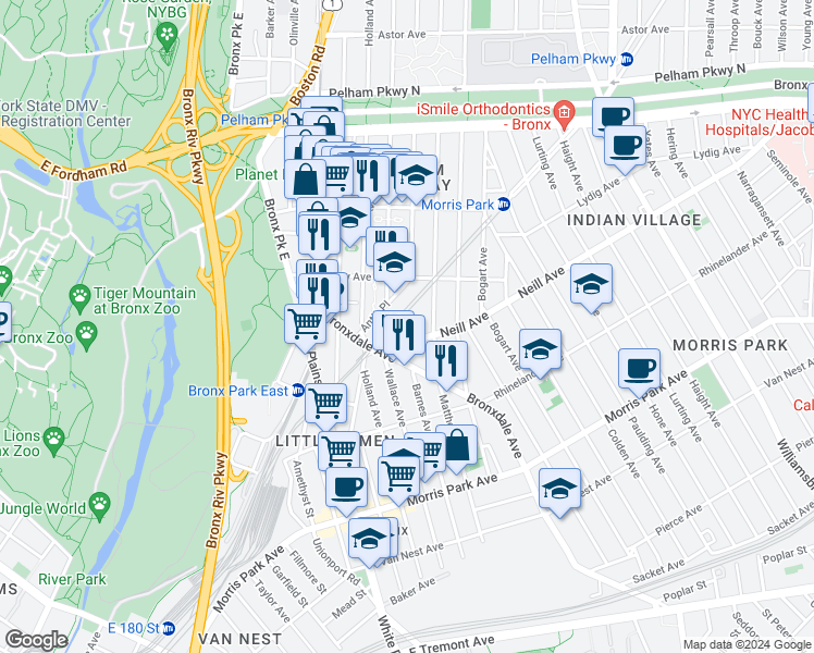 map of restaurants, bars, coffee shops, grocery stores, and more near 2030 Antin Place in The Bronx