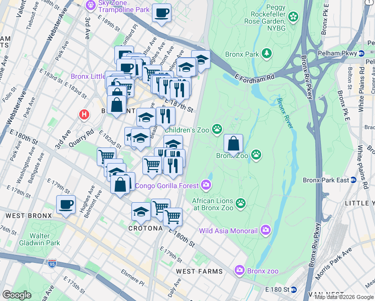 map of restaurants, bars, coffee shops, grocery stores, and more near 794 East 183rd Street in The Bronx