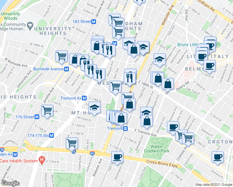 map of restaurants, bars, coffee shops, grocery stores, and more near 2019 Valentine Avenue in The Bronx