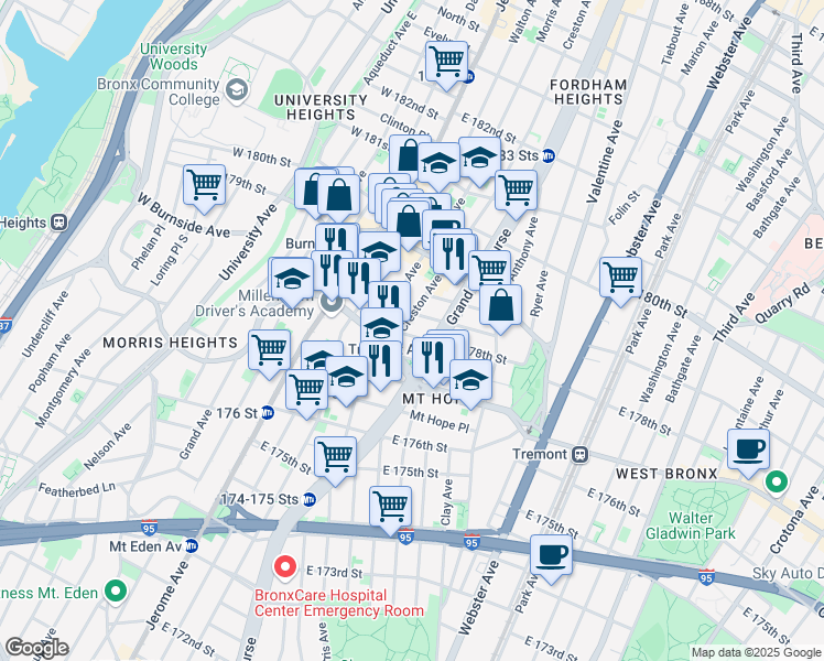 map of restaurants, bars, coffee shops, grocery stores, and more near 1985 Creston Avenue in Bronx