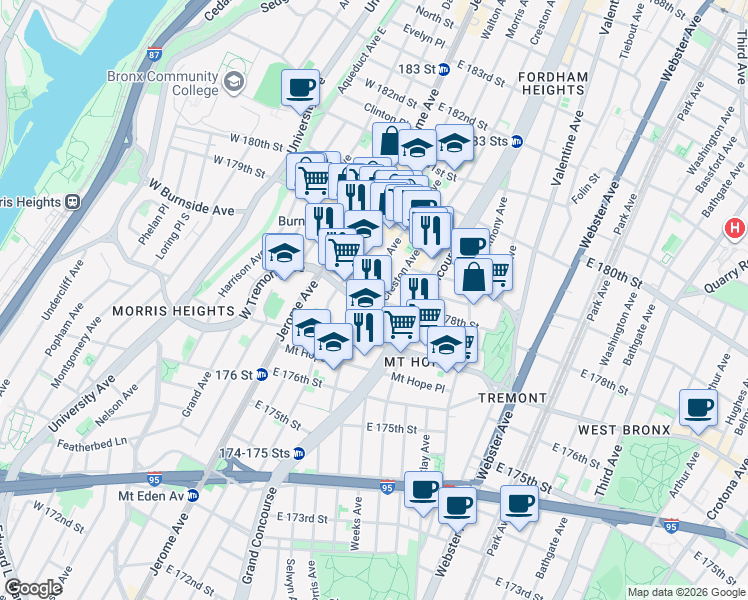 map of restaurants, bars, coffee shops, grocery stores, and more near 1985 Creston Avenue in Bronx