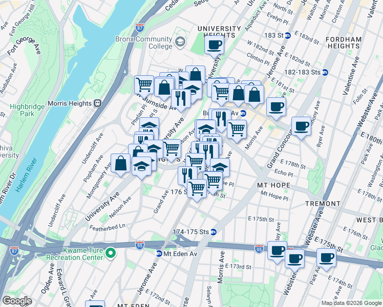map of restaurants, bars, coffee shops, grocery stores, and more near 689 West Tremont Avenue in Bronx