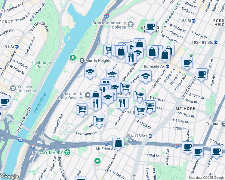 map of restaurants, bars, coffee shops, grocery stores, and more near in The Bronx