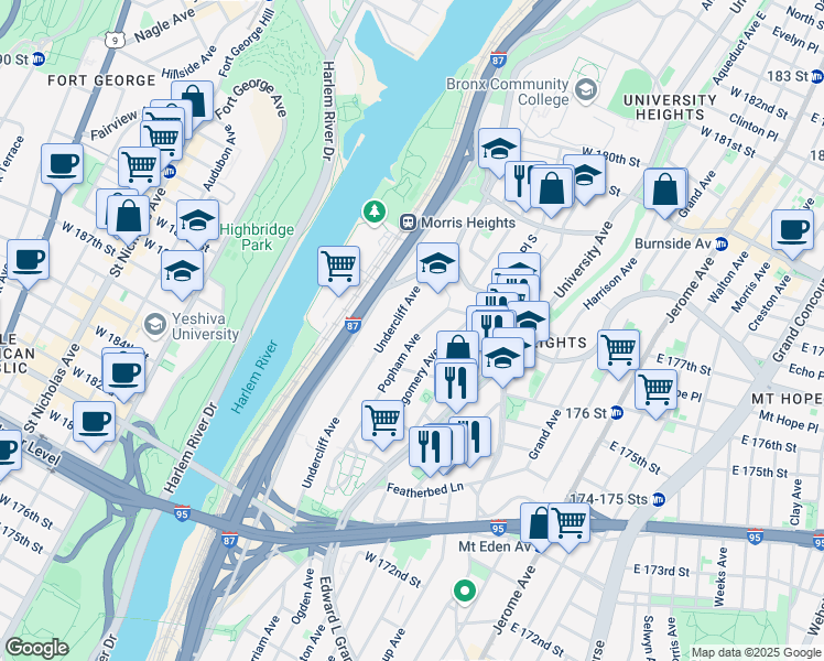 map of restaurants, bars, coffee shops, grocery stores, and more near 1742 Undercliff Avenue in Bronx