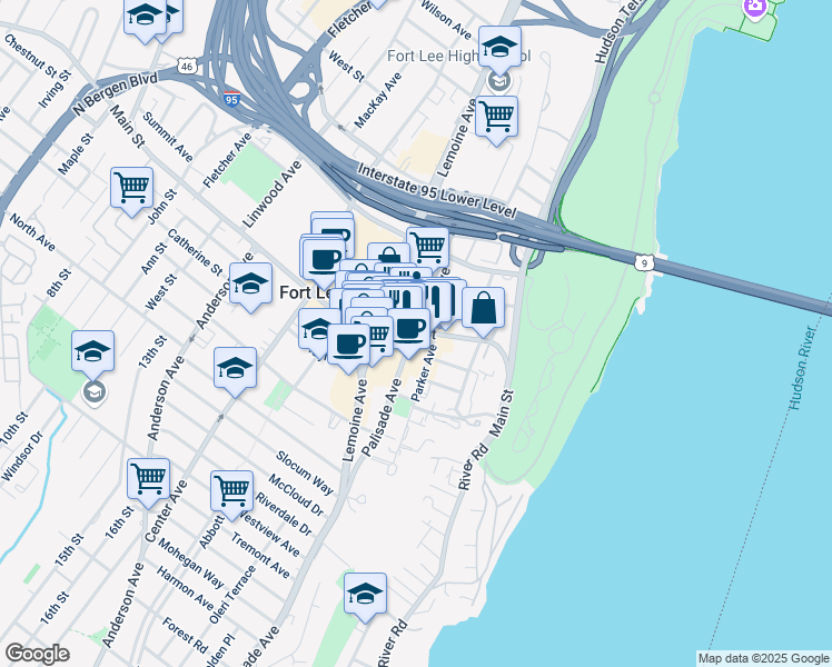 map of restaurants, bars, coffee shops, grocery stores, and more near 166 Main Street in Fort Lee